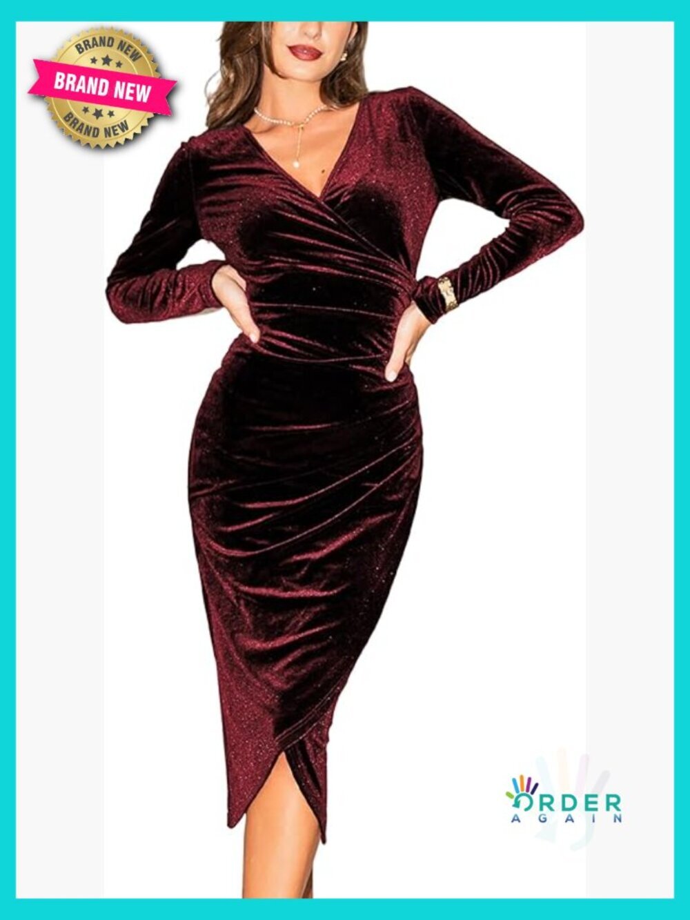 Velvet Midi Dress Long Sleeve V Neck Ruched Bodycon Fall Cocktail Party